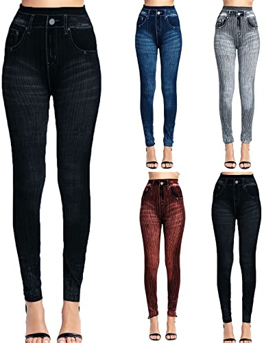 Generisch Leggings Damen Jeansoptik Gedickt oder dünn Hohe Taillen Leggings mit Bund Mode Shaping Leggins Dehnbar Formende Treggings Streetwear Hosen