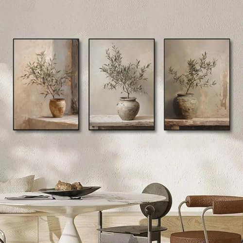 LZJAGXX Rustic Vintage Botanical Pictures Print Olive Tree Ficus in Vase Painting Vintage Still Life Art Canvas Poster Home Decor 40x50cmx3 Frameless