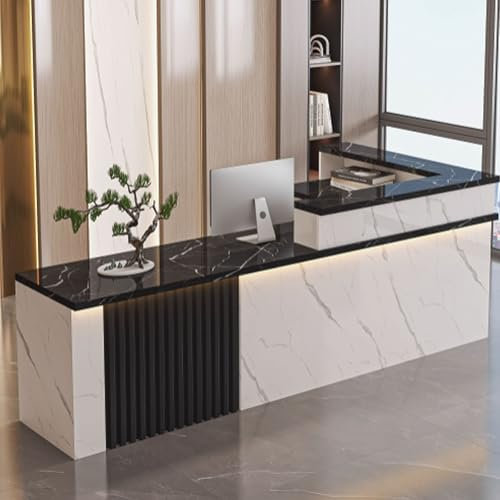 GUQASDV Reception Desk Salon, Empfangstresen für Praxis, Empfangstheke Rezeption, Reception Table mit Lichtstreifen für Schönheitssalons, Lobby(White+Black Texture,140cm)