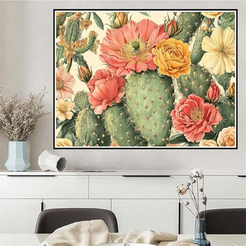 Malen Nach Zahlen Erwachsene Blume Malen Nach Zahlen Kaktus Paint by Numbers, DIY Handgemalt Ölgemälde Leinwand Set für Anfänger, Deko Wohnzimmer, Geschenke für Frauen 90x120cm (Ohne Rahmen) Q-356