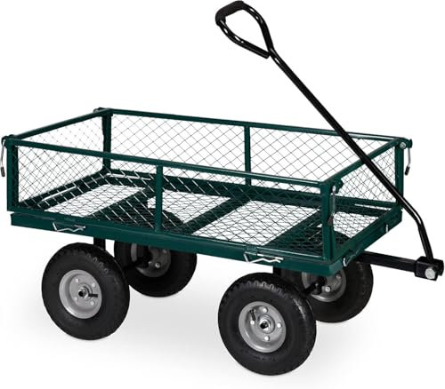 GTATBTG Chariot de jardin en acier avec 4 pneus, côtés amovibles en maille, conversion à plat, chariot utilitaire en métal, poignée rotative à 180°, idéal pour une utilisation à la ferme et au jardin