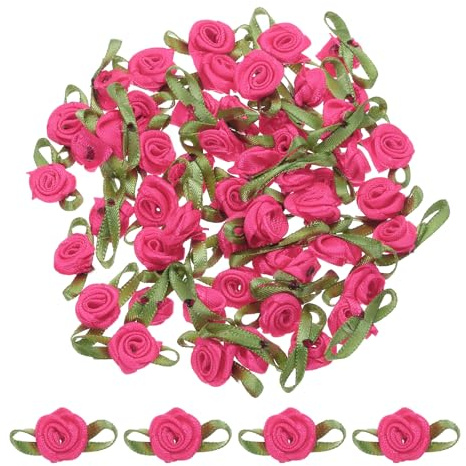 QUARKZMAN 30 Stück Rosenrotes Künstliche Mini Schleifen Blumen 5/8 x1-3/16 Mini-Rosen Schleifen Rosen mit Blatt Deko Stoffblumen Satinband für Nähen Verpacken Applikationen Basteln Hochzeit