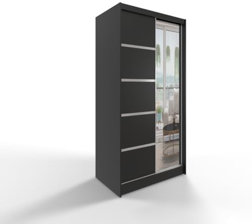Gaba furniture 100 cm Black Sliding Door Wardrobe with Mirror Width 100/120/150/180/200/250 cm Bedroom Wardrobe with Hanging Rail and Shelves Colours White/Black/Sonoma