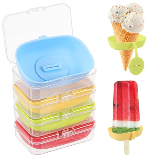 TranRantic Soporte para Helado Antigoteo, Reutilizables, 4 Piezas | Soporte para Paletas con Caja de Almacenamiento, Porta Paletas de Silicona para Niños para Conos de Helado, 4 Colores