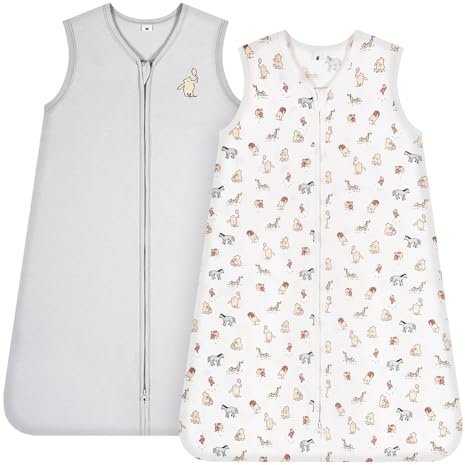 TILLYOU 2er Set Sommerschlafsack Baby 0.5 Tog 100% Baumwolle Baby Schlafsack 0-6 Monate Sommer Babyschlafsack, Bärenwald und Grau