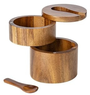 Wisafory Salero de madera con tapa giratoria y cuchara, recipiente para sal con tapa giratoria y cuchara con tapa giratoria magnética para especias de cocina, especias, café, doble capa
