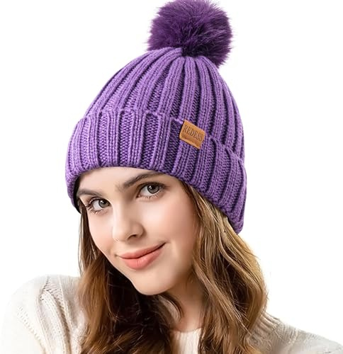 REDESS Womens Winter Knitted Beanie Hat Warm Fleece Lined with Pompom Cap Thick Slouchy Snow Knit Skull Ski Cap ，Violet ，Taille Unique