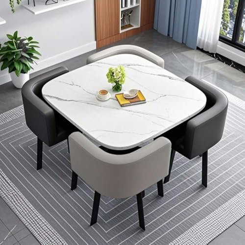 Rundes Quadratisches Esstisch Set mit Stühlen, Mit 4 Schwarzer Stühlen, Exquisiter multifunktionaler moderner Konferenztisch, Für Esszimmer Küche Wohnzimmer Platzsparende,001,75x75cm/29.5x29.5in(WxH)