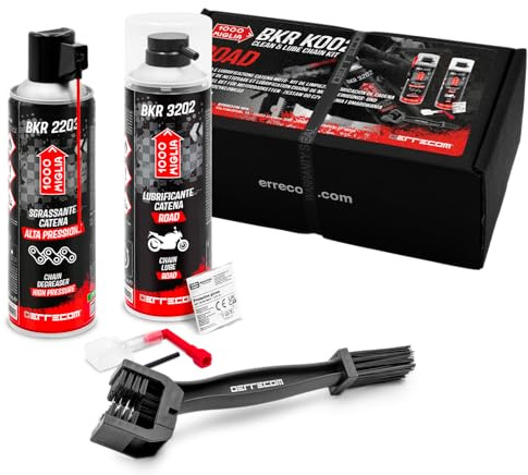 ERRECOM 1000 Miglia Clean&Lube Kit Chaîne Moto Road ; Comprend Dégraissant Chaîne Cylindre Haute Pression 500mL + Lubrifiant Chaîne Moto de Rue 500mL + Huggie System et Rallonge 90°+ Brosse + Gants