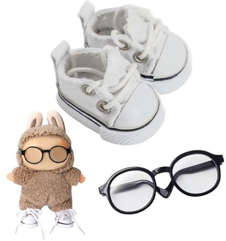 Chritice 2 Stück Puppenzubehör Puppenschuhe und Puppenbrille,Passend für Labubu,Weiße Schuhe Schwarze Brille Mini Accessoires für 1.2.3 Generation Monster Figuren und 17CM Puppen