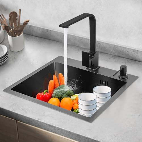 Évier de cuisine en acier inoxydable - Noir - Avec robinet et évacuation - 1 bac - Pour familles, restaurants, buanderies, bars - 45, 40, 20 cm