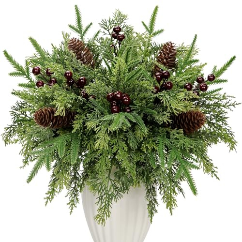 KKSTY Pack of 40 Artificial Pine Branch Pinecones Berry Set, Christmas Foliage Stems Greenery Twigs Faux Pine Cones Berries Picks for Vase DIY Craft Xmas Wreath Garland Home Decor (40, Red Berries)