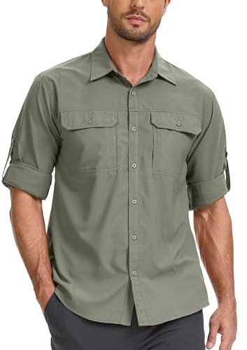 Jogwits Chemise Safari Homme UPF50+ Protection UV à Manches Longues Chemise de pêche pour Homme Boutonnée Séchage Rapide Fonctionnelle