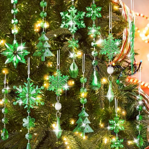 Lanpn 22 Stück Weihnachten Dekoration Kristall Christbaumschmuck Anhänger, Acryl Schneeflocken Eiszapfen hängende Ornamente, Weihnachtsbaumanhänger Weihnachten Party Hochzeit Neujahr Deko (Grün)