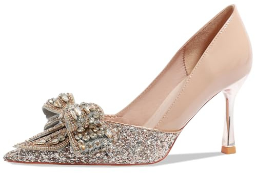 Dam kristalltäckt spetsig tå stilettklackar 7,5 cm glitterpump med strassrosett lågt skuren festskor storlekar 34–44, Champagne, 39 EU