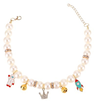 UPKOCH Handmade Adjustable Kitten Pearl Collar with Bell Crown Design, Decorative Pet Necklace for Photography and Parties, Fancy Cat Collar for Girl Cats