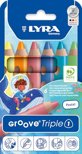 LYRA Groove Triple 1 Pastell 3in1 Stifte lackiert Kartonetui 6 Stk. | Holzbuntstift, Wachskreide, Aquarellstift, dreikant, Mine 10mm, ergonomischer Naturgriff