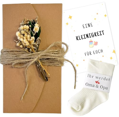 Snyvpra Geschenk Zur Schwangerschaft Verkünden – Babysocken 0–6 Monate Mit Aufschrift „Ihr Werdet Oma Und Opa “, Karte & Trockenblumen, Schwangerschaftsverkündung Für Familie (Oma & Opa)