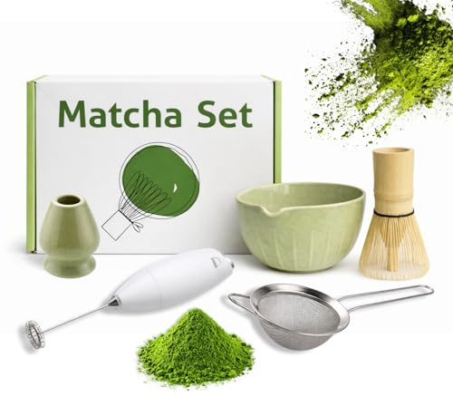 Matcha Kit Tradicional, 6 Piezas, Con Espumador, Set de Ceremonia de Té con Batidor bambú, soporte de cerámica, Cuchara (chashaku) y Cuenco de cerámico, Preparar matcha y ceremonias del té
