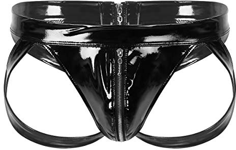 Linyuir Hommes Slips Cuir Verni Jockstrap Ouvert Dessous Low Rise Bulge Pouch Caleçon Butt Cut Out Sousvêtements avec Fermeture Éclair