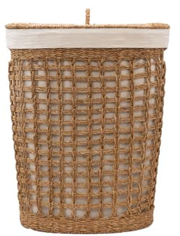 Arthur Cameron – Bhodra Oval Seagrass Laundry Basket with Lid & Cotton Lining – This Basket with a Removable Liner is Perfect as a Round Laundry Hamper for Bathroom (Extra Large)