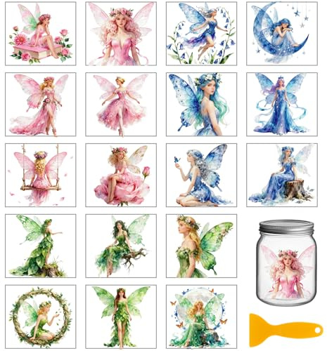 GLOBLELAND 18 Sheets Butterfly Fairy Transfer Stickers 3.9x3.6inch Flowers Fairy Rub on Transfer Stickers Colorful Decal for Furniture Vase Glass Mason Jar Decorations Art Crafts