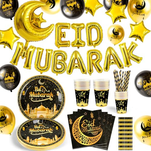 iZoeL 78 pièces Or Noir Aid Moubarak Vaisselle Jetable Decoration Eid Mubarak Decoration Aid - Banderole Ballons Serviettes Assiettes Tasses Pailles, pour Jardin Maison Restaurant