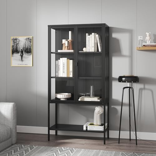 [en.casa] Mobile Vetrina in Acciaio e Vetro Temperato Armadio con Ante Doppie e Ripiano Inferiore Libreria Credenza Design Industriale 160 x 80 x 35 cm Nero
