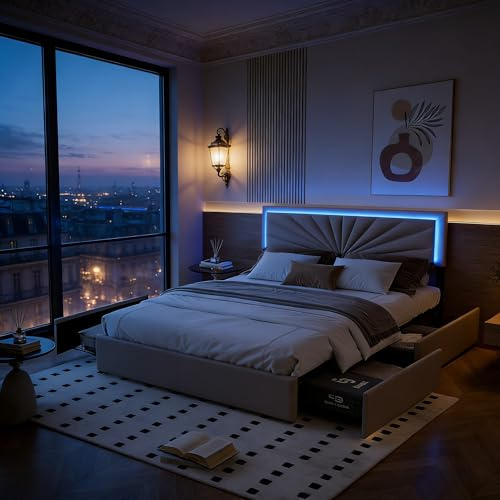 BRYXR Lit Double 160x200 avec Sommier et LED, Cadre de Lit avec 4 Tiroirs de Rangement à Boucles Fixes, Tête de Lit Réglable en Hauteur, Design Rétro en Lin Respirant pour Adulte et Adolescent, Beige