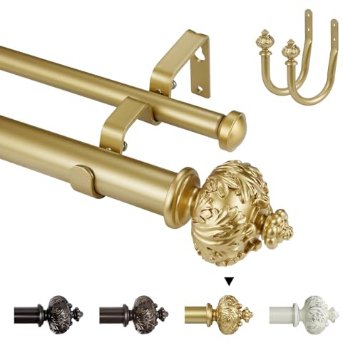 Double Curtain Rod with Albert Finials, 1 Inch Diameter, Adjustable Length 28-48, 48-84, 84-120 Inches (Gold（+Holdbacks）, 121-213 cm)