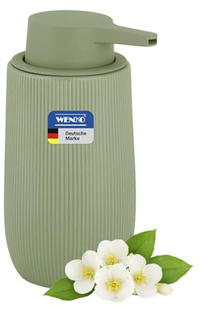 WENKO Seifenspender Mod. Fablo aus Keramik mit Rillenoptik, freistehend, 400 ml, Pumpspender für Bad, Gäste-WC oder Küche, geeignet für Flüssigseife und Spülmittel, grün matt