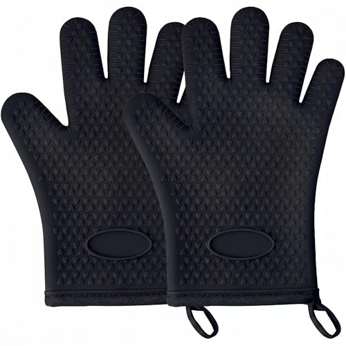 Silicone Oven Gloves Heat Resistant, High-Temperature Resistant and Extra-Thick Oven Mitts, Non-Slip Waterproof Kitchen Gloves for Baking, Cooking, BBQ, Grilling, Microwave & Air Fryer(Black)