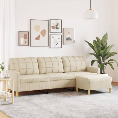 Kaloriko 3-Sitzer-Sofa mit Hocker in Creme Stoff 210 cm breit modernes Wohnzimmer Polstergarnitur mit Ottomane und bequemer Sitzfläche für gemütliche Lounge und Gästezimmer