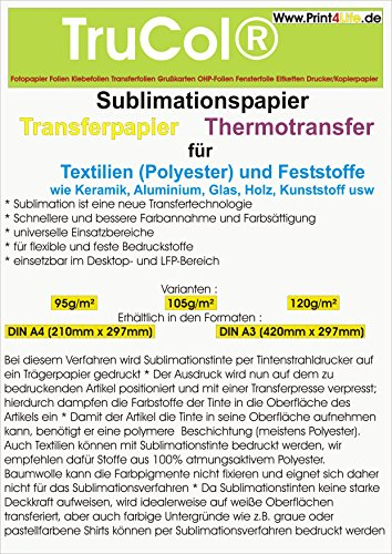 100 Blatt SUBLIMATIONSPAPIER/Thermo-TRANSFERPAPIER DIN A4 für Shirts, Caps, Tassen, Mousepads... Hervorragende Übertragungsqualität, Farbannahme und Farbsättigung, schnell trocknend, wischfest