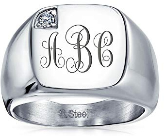 Bling Jewelry Personalisierte Herren Cubic Zirconia Cz Accent Gravur Monogramm Initiale Anweisung Quadratische Siegel Ring Für Männer Silber Ton Edelstahl