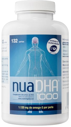 Nua Biological - NuaDHA 1000, Complemento Alimenticio a base de DHA puro (ácido docosahexaenoico) - Omega 3 Marino de Pescado Azul - 132 cápsulas en forma de triglicérido (1000mg por perla)