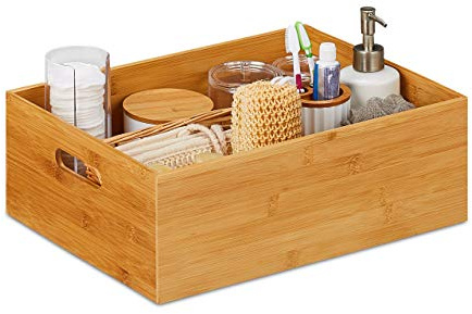 Relaxdays Aufbewahrungskiste Bambus, stabil, offen, Ordnungsbox ohne Deckel, 3 Größen, Bambuskiste Bad, Küche, Natur