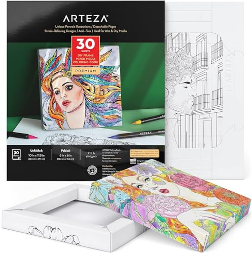 Arteza Malbuch für Erwachsene, 25,5 x 29,1 cm, 15,3 x 15,3 cm gefaltet, 30 Blatt, Porträt-Illustrationen, 350 g/m², DIY-Malblätter zum Entspannen