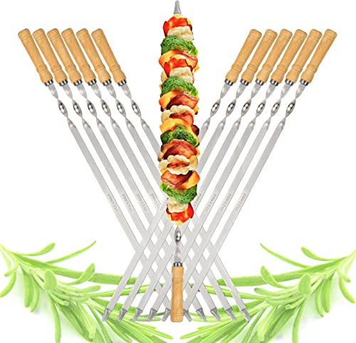 FOWUTAS 23.6 Large Size Kabob Skewers Flat Metal BBQ Barbecue Skewer Wooden Handle Stainless Steel Shish Kabob Stick Wide Reusable Grilling Set Meat Shrimp Chicken Vegetable Kebab Fork Sausage-12PCS