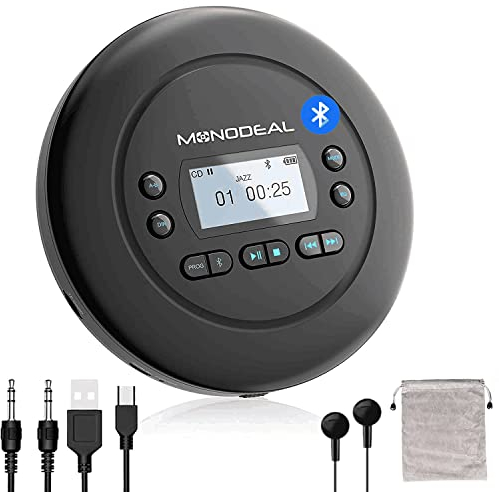 MONODEAL Tragbarer CD Player Bluetooth, Wiederaufladbar Discman für Auto und Kinder, Anti-Skip, klein mit Kopfhörer