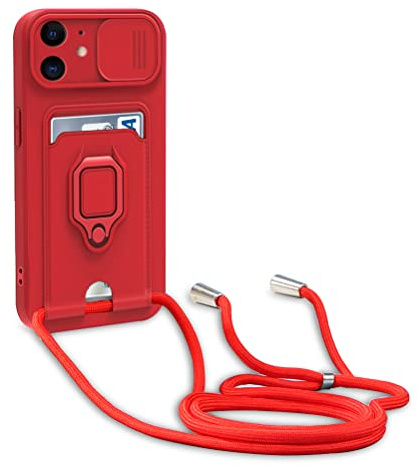 yanasuo Cover con Collana Compatibile con iPhone 11, Cover con Pratico Cordino, Slidable Protezione Fotocamera Slot Carte 360° Anello Supporto, Rosso