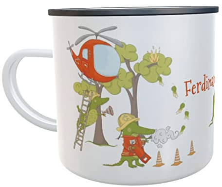 Kindergarten Tasse Feuerwehr Kokodil mit Namen Emaille-Becher Geschenk Kinder (Feuerwehr Krokodil)