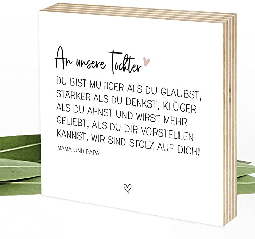 Wunderpixel® Holzbild Du bist mutig - Geschenk-Idee von Eltern für Tochter - persönliche Worte - Aufsteller & Wand-Deko zum Auszug, 18. Geburtstag, Abitur, Studium – 15x15x2cm - personalisierbar