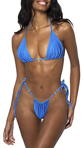 LUNNTE Damen Halfter String Bikini Set Sexy Tanga Frech Zweiteilige Badeanzüge Einfarbige Badebekleidung (Blau, L)