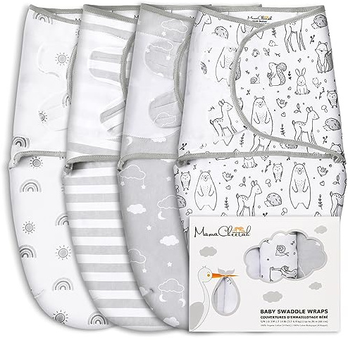 Mama Cheetah Pucksack für Babys, Decke aus Bio-Baumwolle, verstellbar, einfaches Wickeln, für Jungen und Mädchen, 0-3 Monate, Essentials für Babys, 4 Stück
