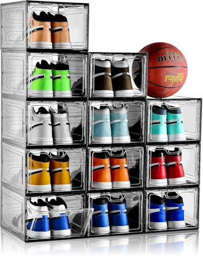 INSTY Schuhaufbewahrung, stapelbare Schuhboxen für Schrank, Kunststoff-Schuhbox mit grauer Tür, einfach zu montieren, passend für Größe 40 (34 x 24,9 x 18 cm), Grau, 12 Stück