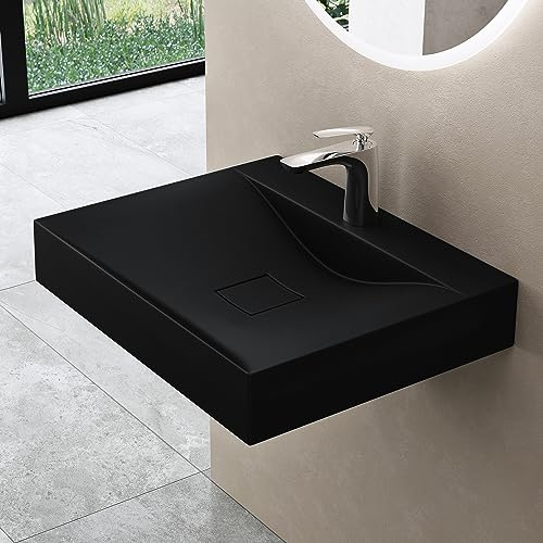 doporro Waschbecken Waschtisch Mineralguss 60x48x10cm in Matt Schwarz | Design Aufsatzwaschbecken Hängewaschbecken Waschplatz, DIN-Anschlüsse | Einfache Montage, Colossum810