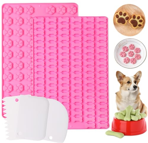 2 mini moldes de silicona para golosinas para perros, con forma de hueso de pata, reutilizables, kit de fabricación para hornear chocolate, gelatina, gomitas,galletas,con 3 espátulas