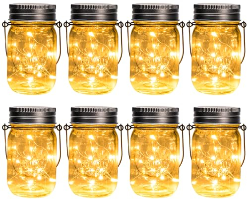 GIGALUMI Solar Mason Jar Lights, 8 Pack 30 Led String Fairy Lights Garden Lights Outdoor Waterproof Hanging Solar Lanterns for Outdoor, Garden, Patio, Lawn, Balcony Decoration