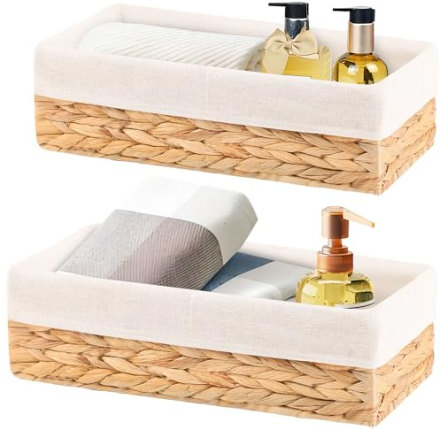 OUTBROS Aufbewahrungskorb geflochte, Organizer Körbchen in Regale, Klopapier Aufbewahrung Körbe, Deko Aufbewahrungsbox mit Futter, 2-Pack, Wasserhyazinthe